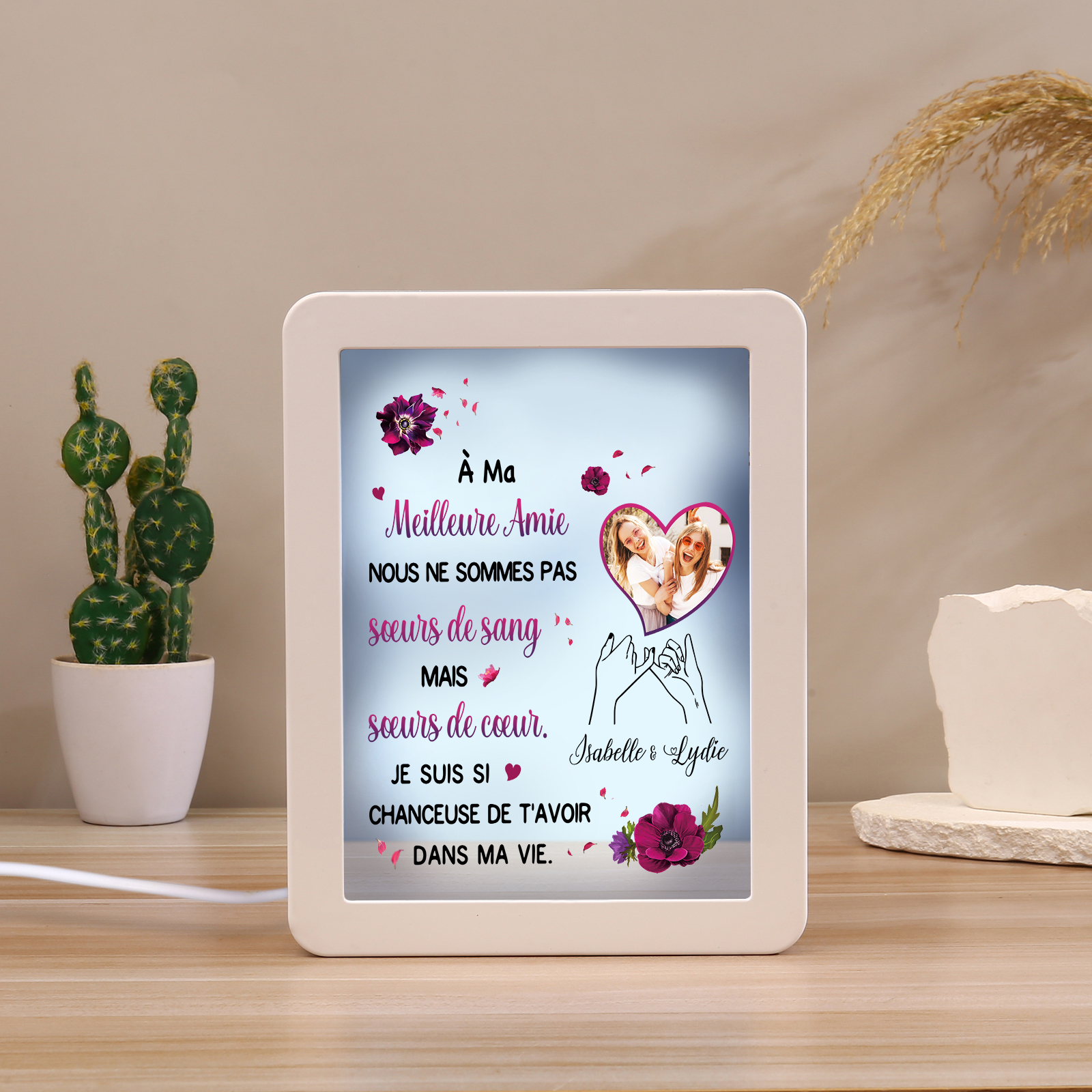 À ma Meilleure Amie - Cadre Photo/Miroir LED multifonctionnel 2 Prénoms Personnalisés avec 1 Photo