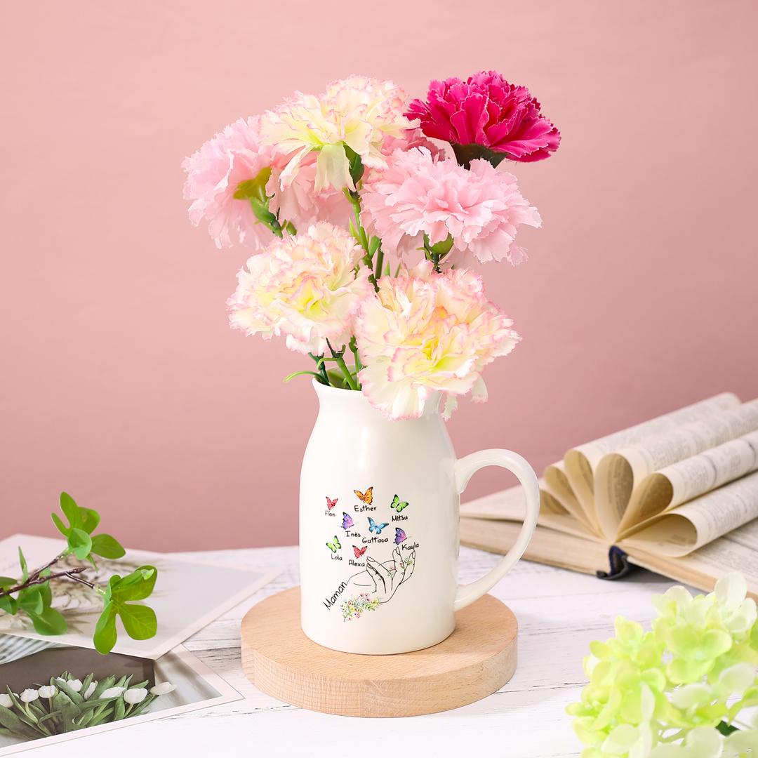 Vase à Fleurs Mains et Papillons 8 Prénoms Personnalisés avec Texte Décoration de la Maison