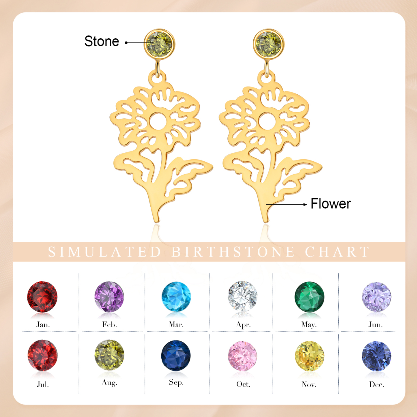 Boucle d'oreille Fleur de Naissance Personnalisé avec Pierre de Naissance