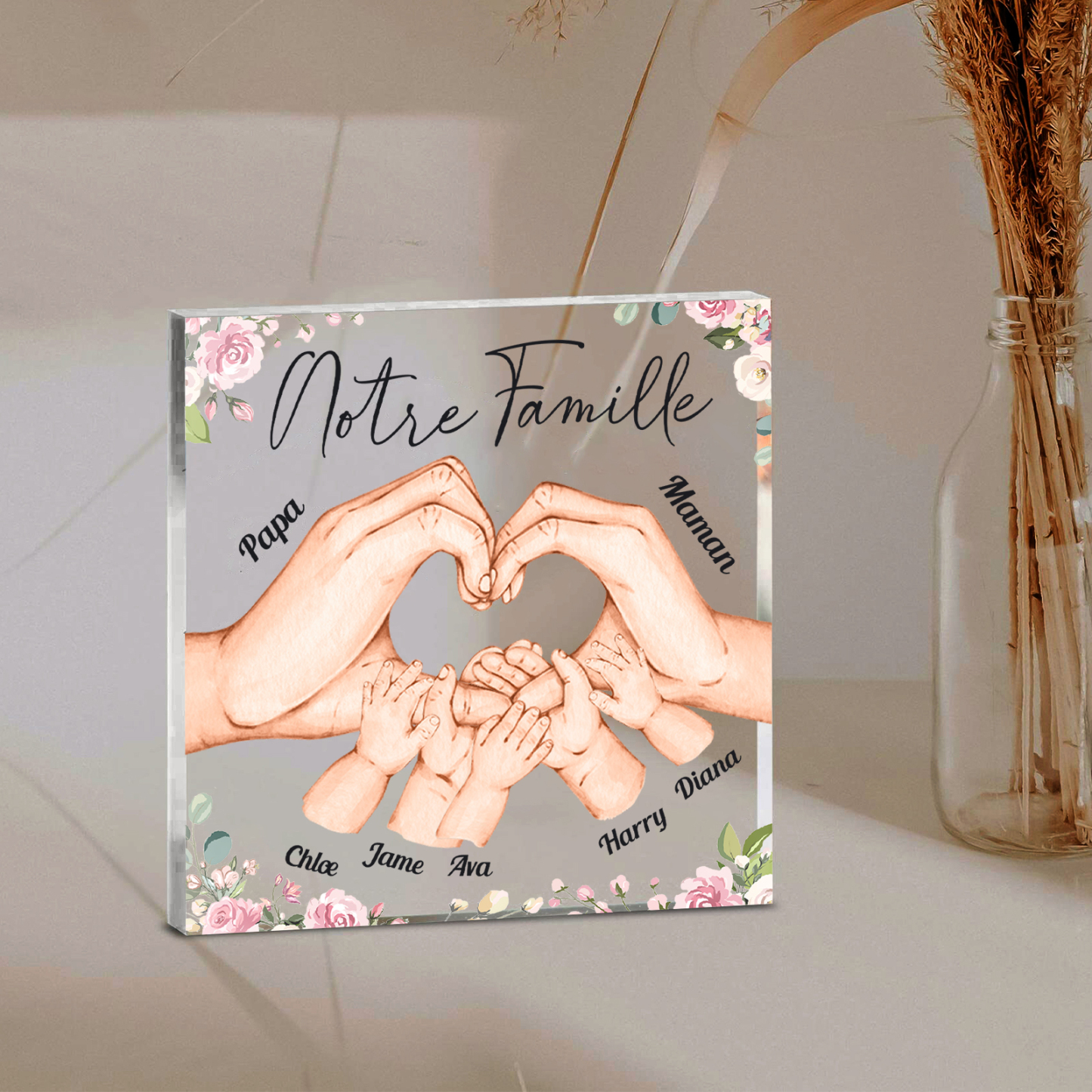 À ma Famille - Plaque Acrylique Carrée la Main dans la Main 7 Prénoms Personnalisés avec Texte
