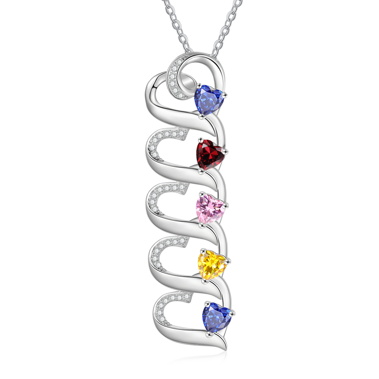 Collier Pendentif Cœur 5 Prénoms Personnalisés avec Pierre de naissance pour Femmes