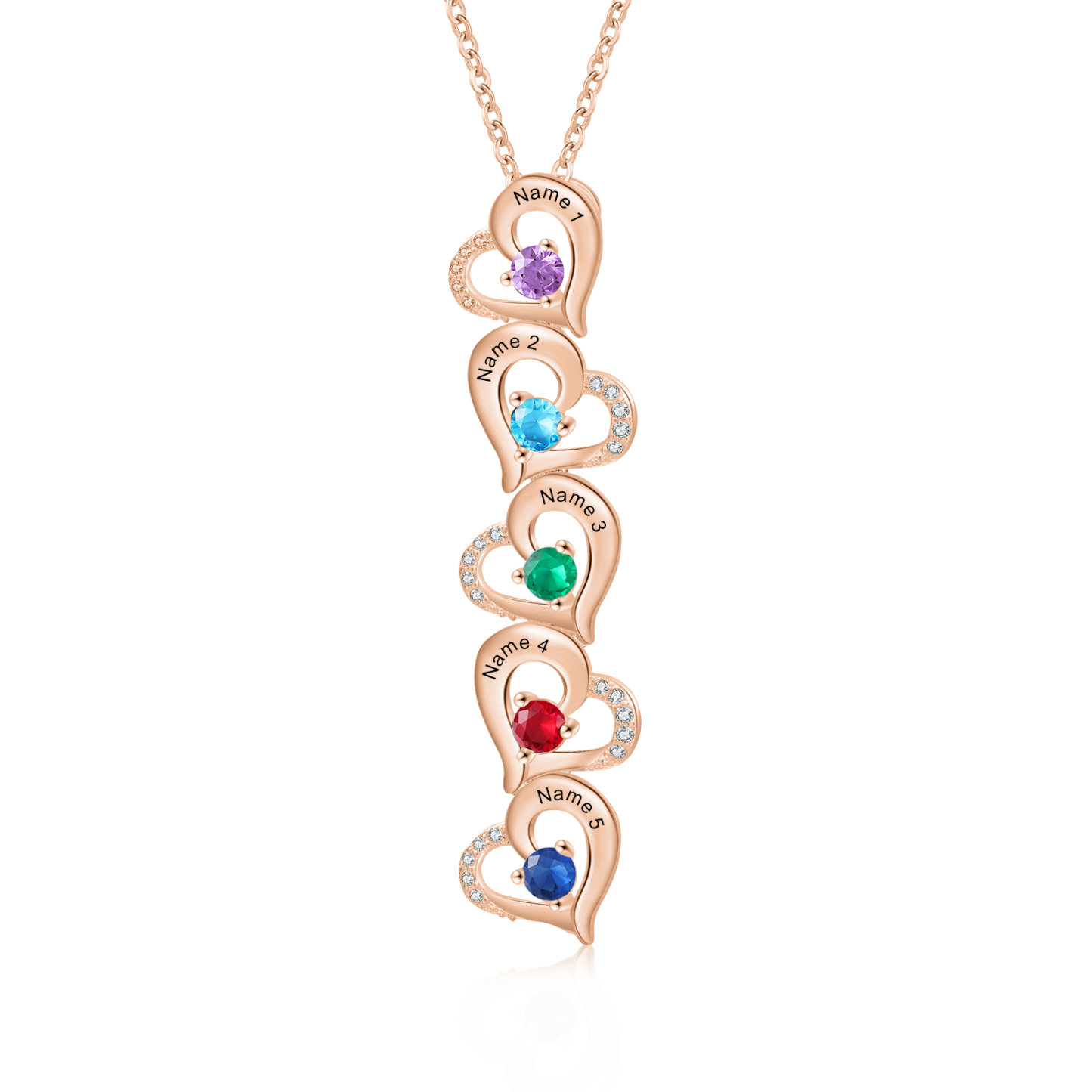 Collier Pendentif Cœur 5 Prénoms Personnalisés avec Pierre de naissance pour Femmes