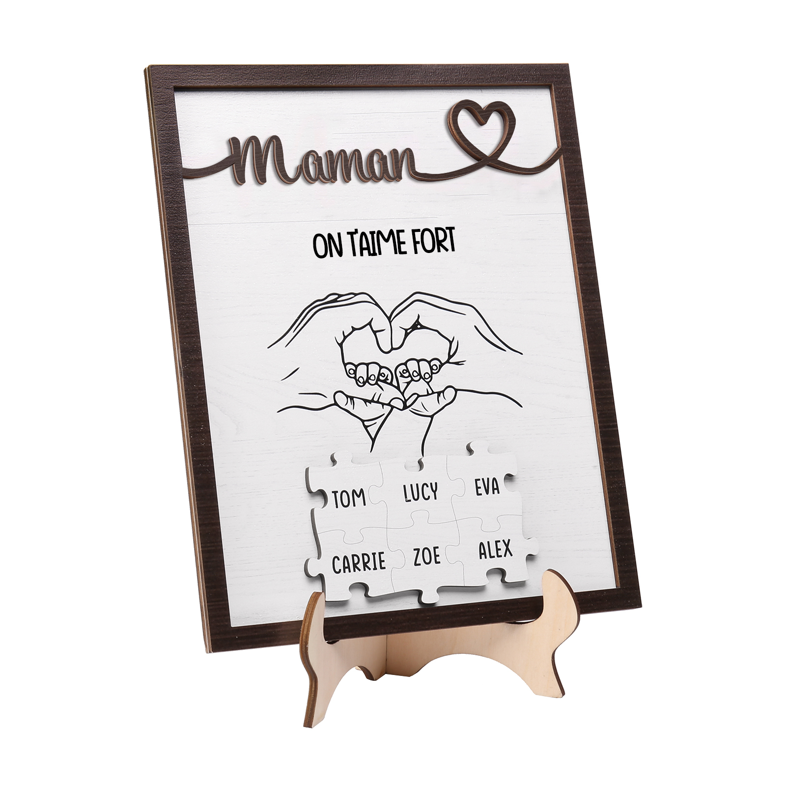 À Maman - Décoration en bois Mains et Puzzles 6 Prénoms et 1 Texte Personnalisés Ornement Famille