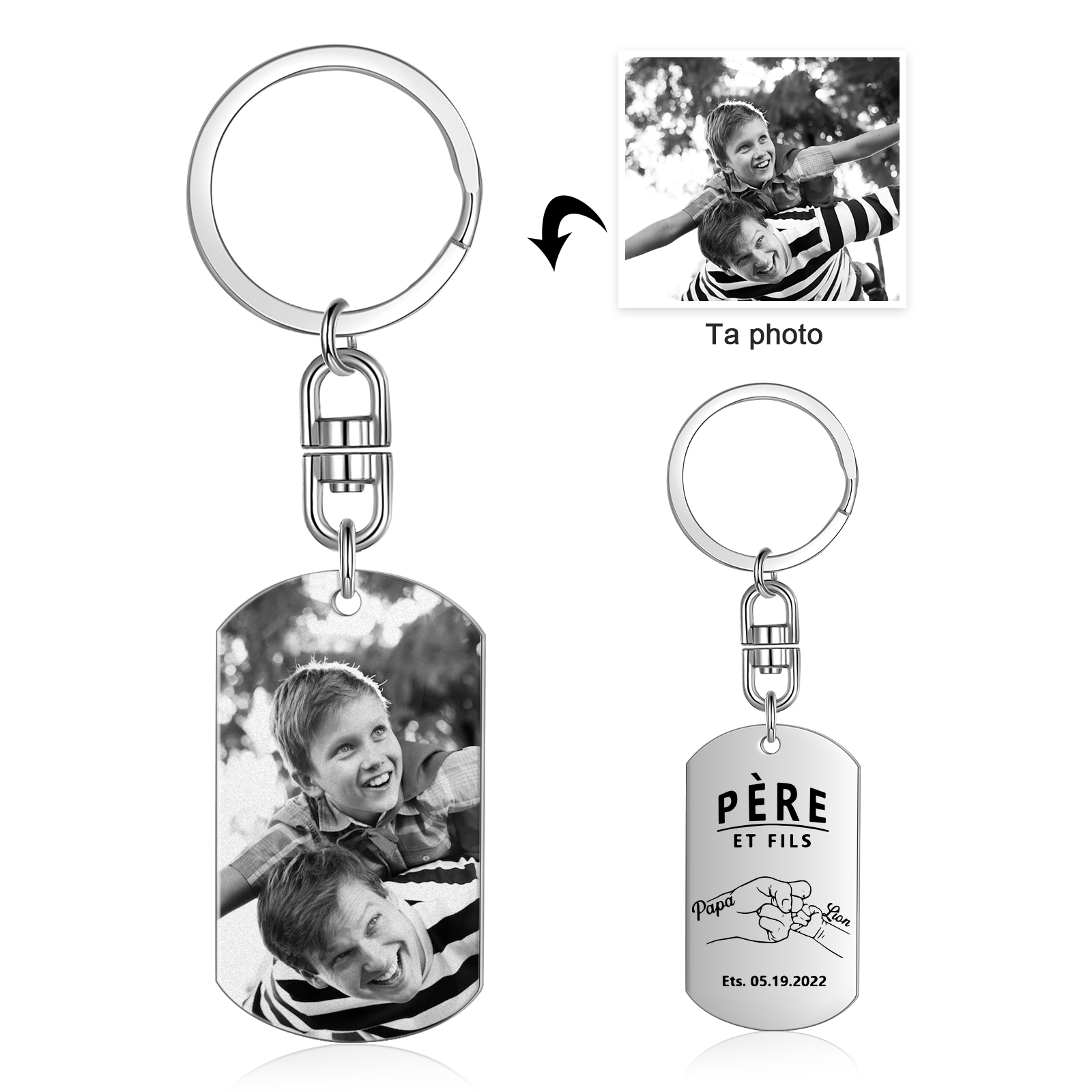 À Papa - Porte-clés gravé Poings 2 Prénoms Personnalisés avec Photo et Date | Jessemade