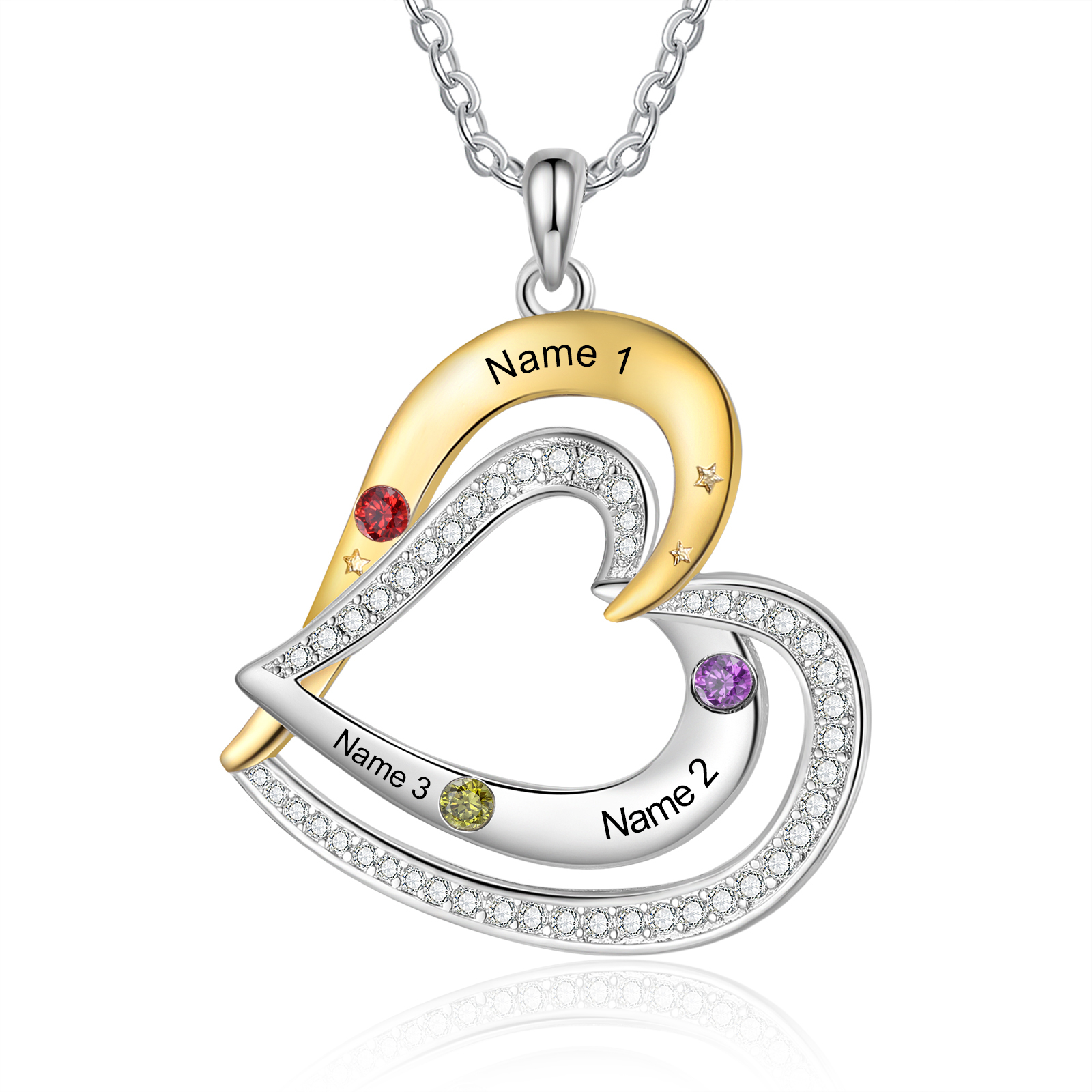 Collier Pendentif Cœur 3 Prénoms Personnalisés avec Pierre de Naissance Collier Femmes