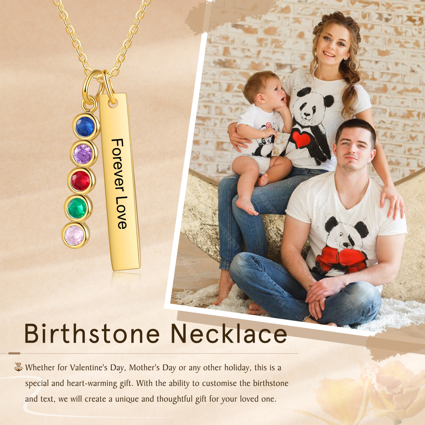 Collier Barre 1 Texte Personnalisé avec 5 Pierres de naissance Collier Femmes