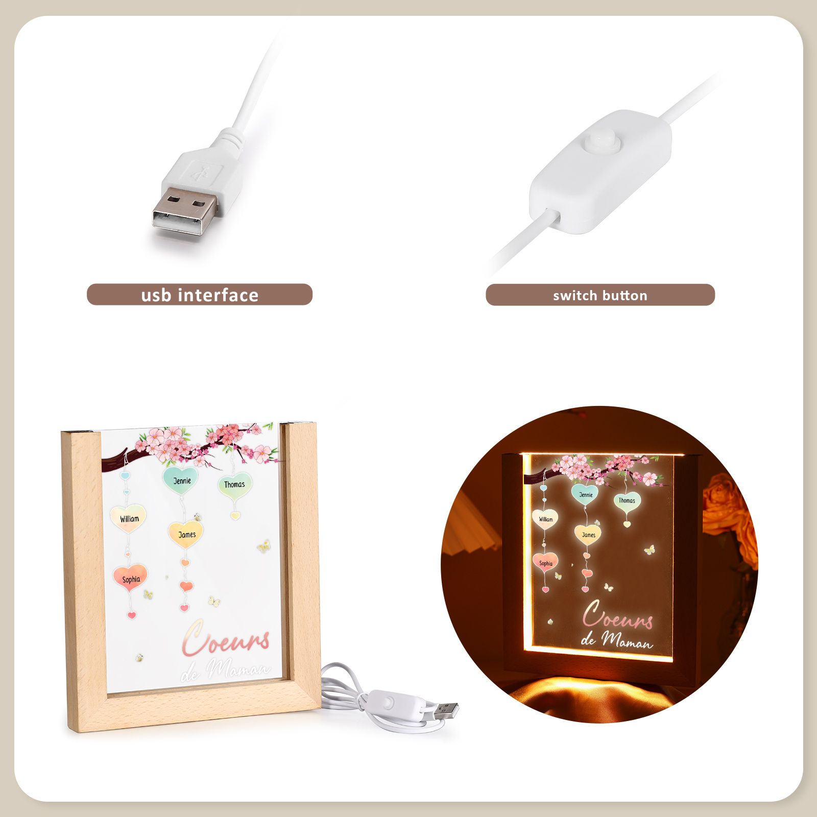 À Maman/Mamie - Lampe de chevet LED Arbre 5 Prénoms Personnalisés avec 1 Texte