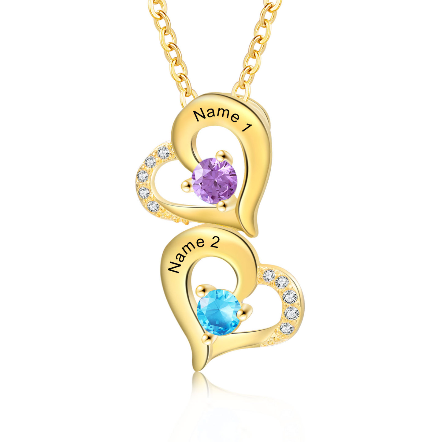 Collier Coeur 2 Prénoms Personnalisés avec Pierre de naissance Or/Or Rose pour Femmes｜Jessemade