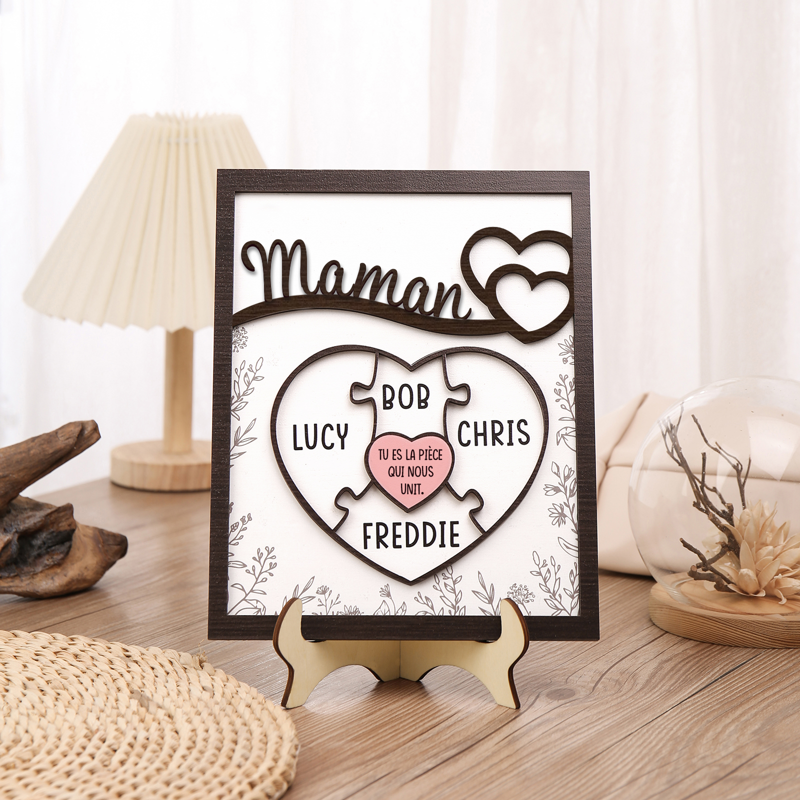 À ma Maman - Décoration en bois Cœur et Puzzle 4 Prénoms Personnalisés Ornement pour Famille