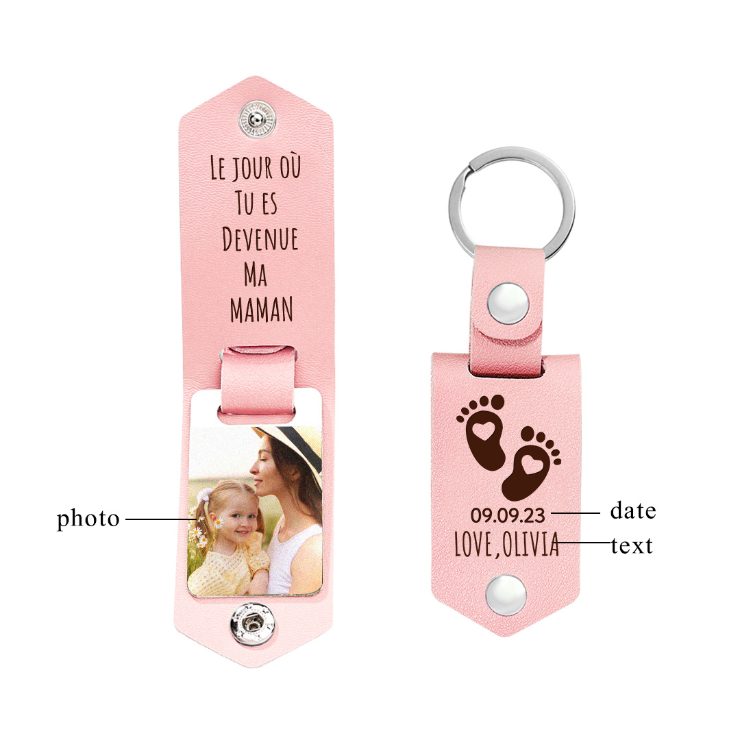 À ma Maman - Porte-Clés Cuir Texte et Photo Personnalisés avec Date