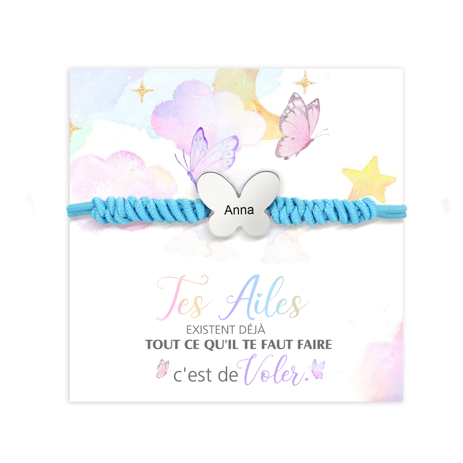 Jessemade FR Bracelet Papillon Prénom Personnalisé Corde élastiques - Cadeau Rentrée Scolaire