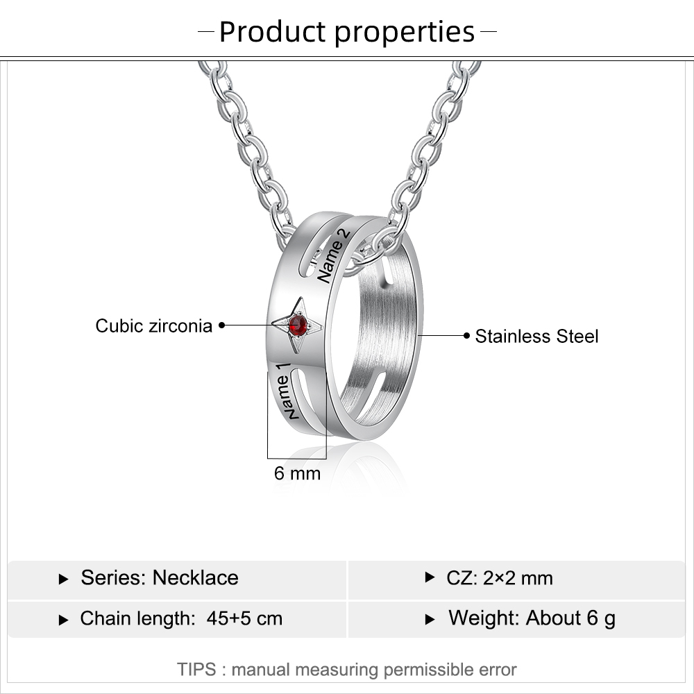 Collier Pendentif Bague 2 Prénoms Personnalisés avec 1 pierre de naissance pour Femmes