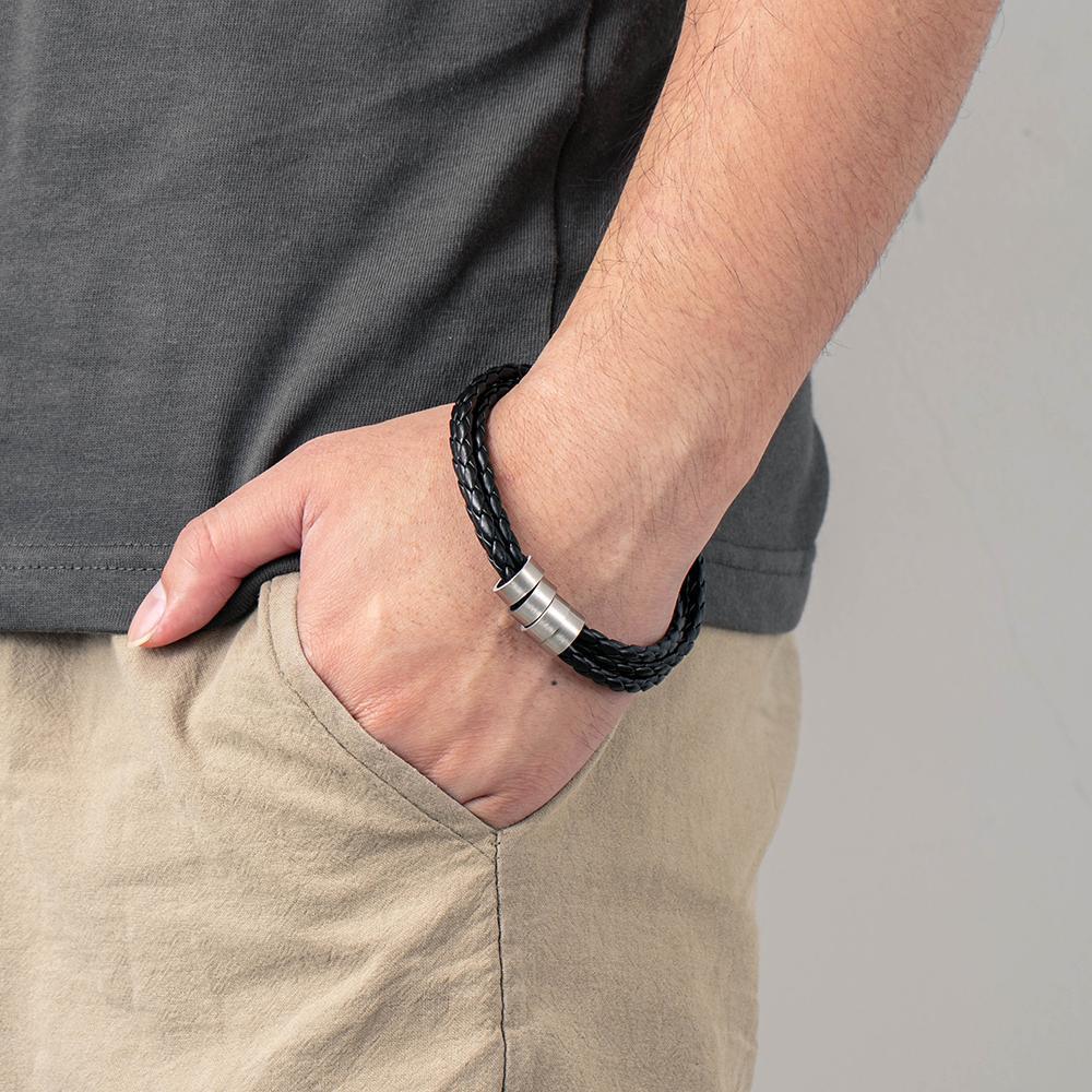 Bracelet en Cuir Tressé Prénom Personnalisé Bracelet Homme Avec 4 Perles