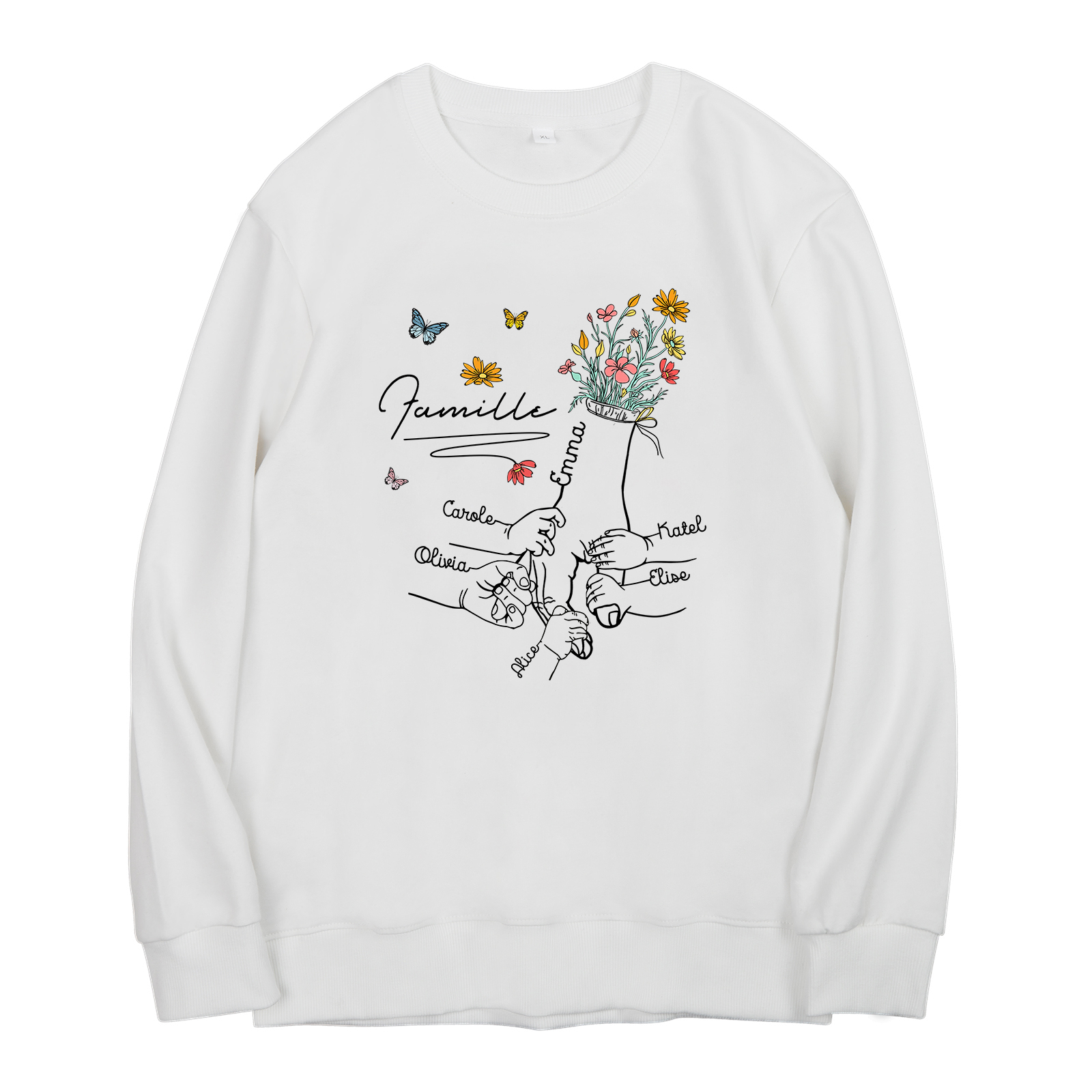 Sweat-Shirt la main dans la main 6 Prénoms Personnalisés avec Texte