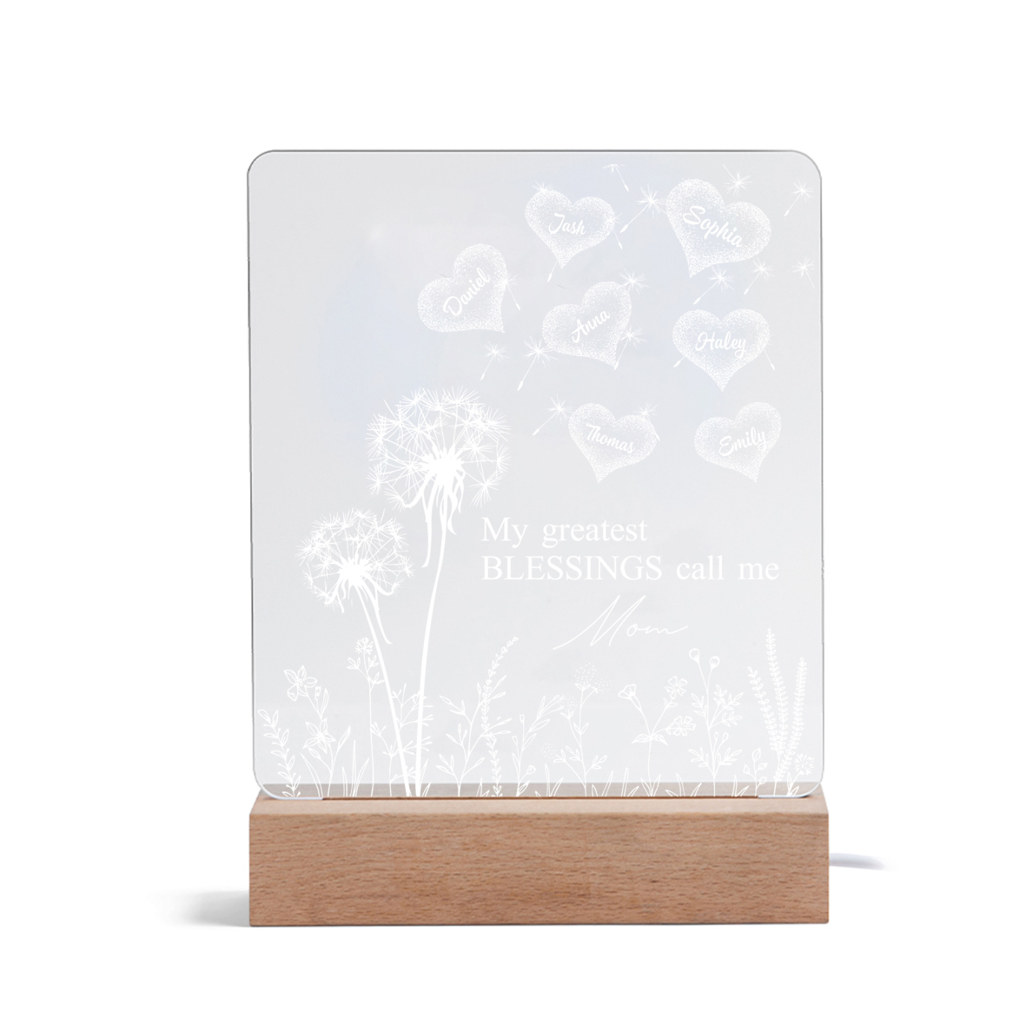 À Maman/Mamie - Lampe de chevet LED Pissenlit 7 Prénoms Personnalisés avec 2 Textes pour Famille