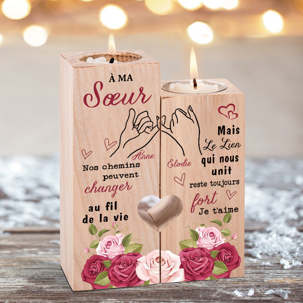 À Ma Sœur - Bougeoir en Bois 2 Prénoms Personnalisés sans bougie