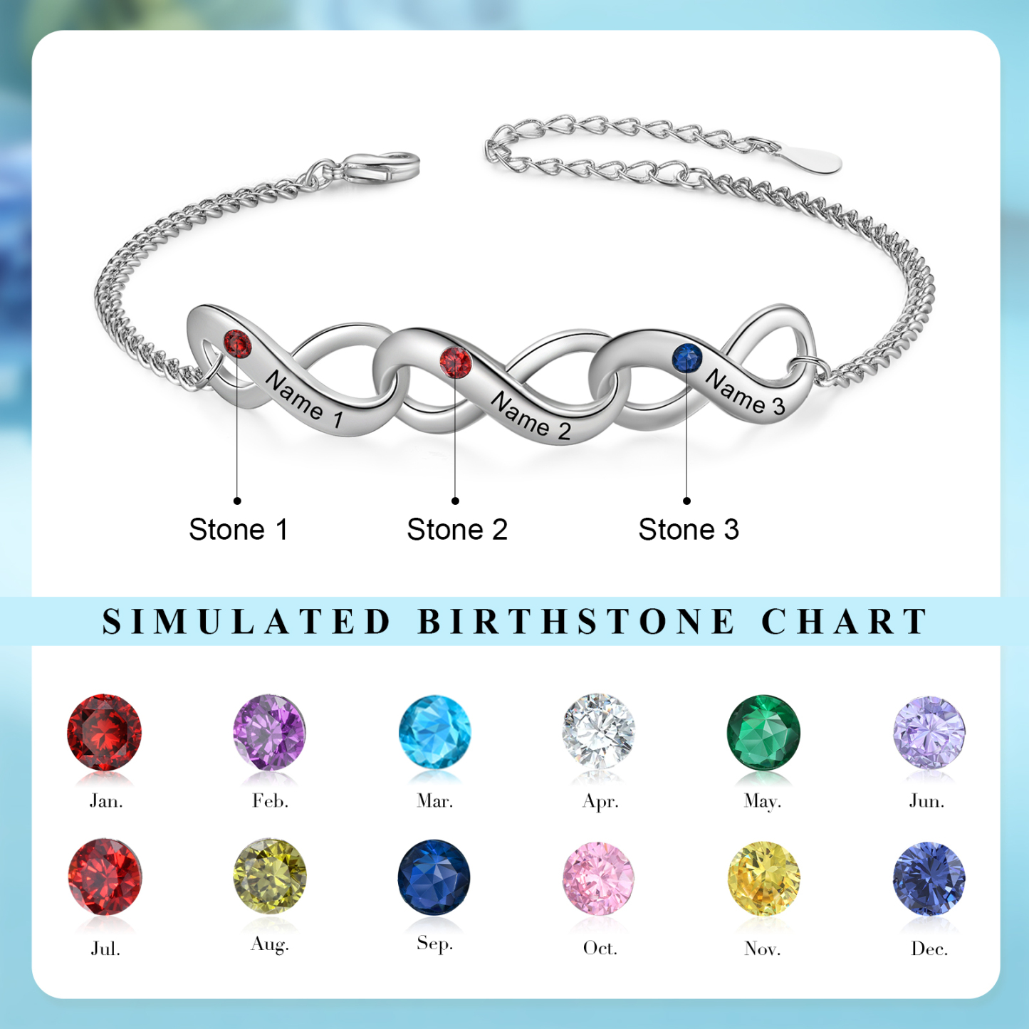 Bracelet Infini 3 Prénoms Personnalisés avec Pierres de Naissance pour Femme