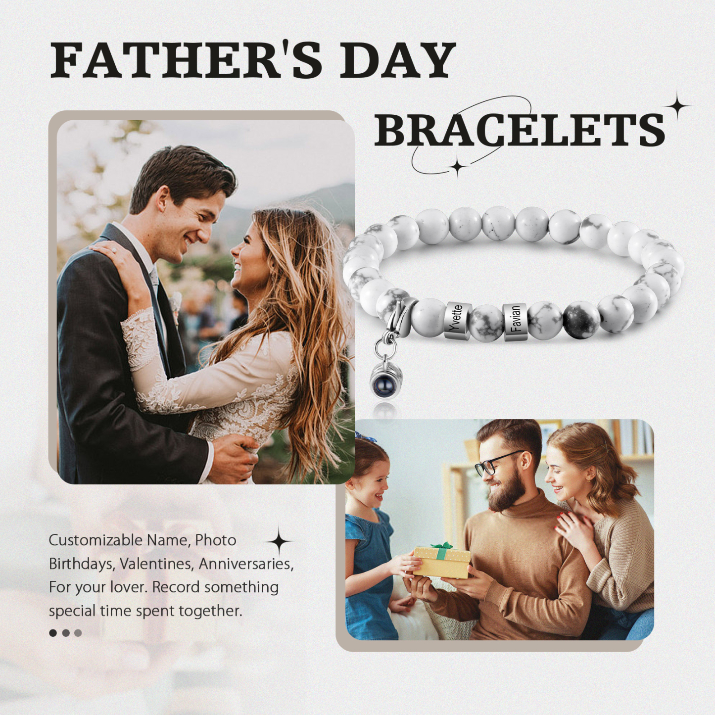 Bracelet en Magnésite 2 Prénoms Personnalisés avec Photo Bracelet Photo Projection Blanc｜ Jessemade