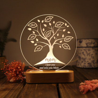 Lampe de chevet LED Arbre de vie Arbre généalogique 8 prénoms personnalisés avec 2 textes
