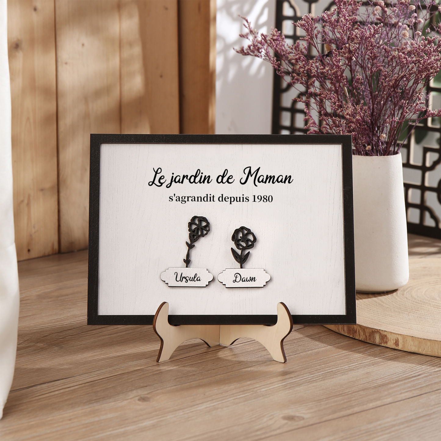 À ma Maman - Décoration en bois Fleurs 2 Prénoms Personnalisés avec Fleurs de naissance Ornement pour Famille