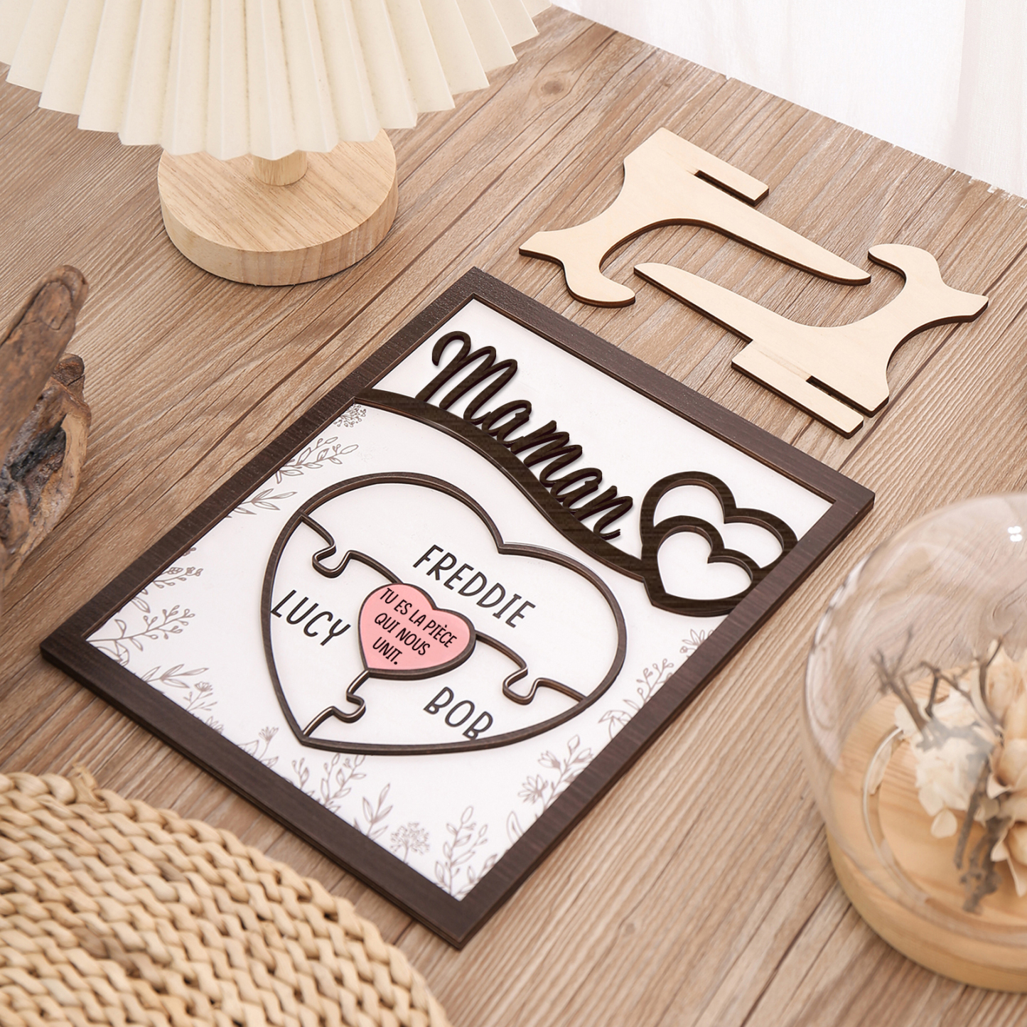 À ma Maman - Décoration en bois Cœur et Puzzle 3 Prénoms Personnalisés Ornement pour Famille