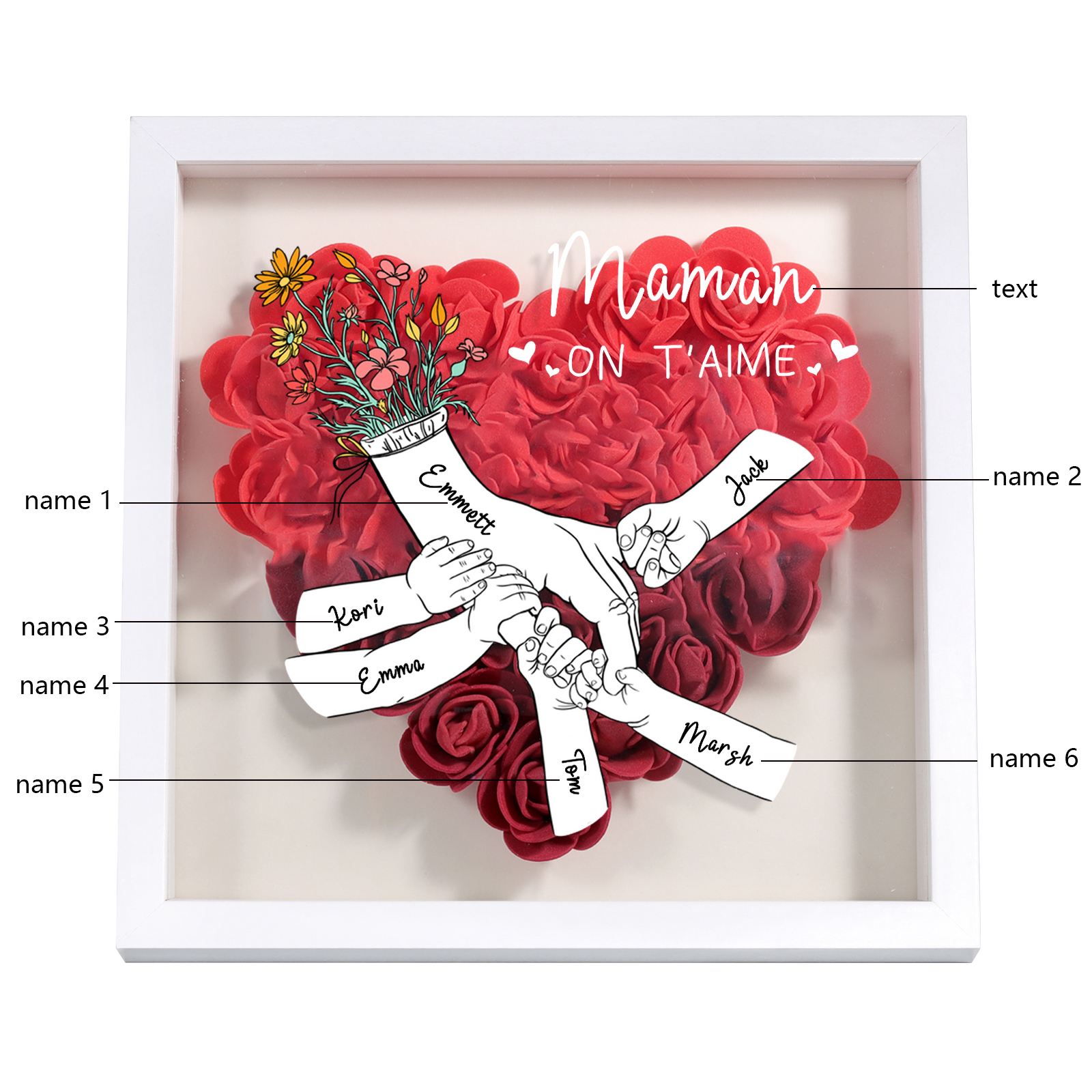 À ma Maman - Cadre Panneau de densité la main dans la main 6 Prénoms et 1 Texte Personnalisés Ornements Floral pour Famille