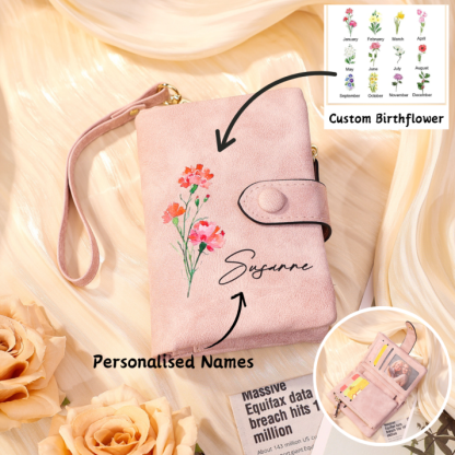 Portefeuille Fleur de naissance avec chaîne 1 Prénom Personnalisé Porte-Monnaie Carte pour Femmes cadeau pour femme anniversaire | Jessemade