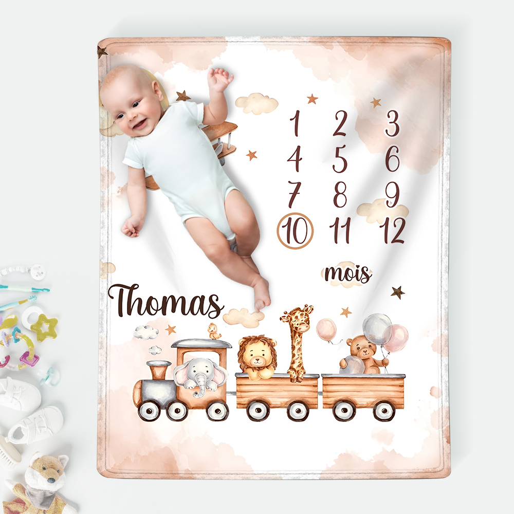 Couverture Plaids Polaire mensuelle 1 Prénom et Mois Personnalisés pour Bébé cadeau personnalise bebe 1 an | Jessemade