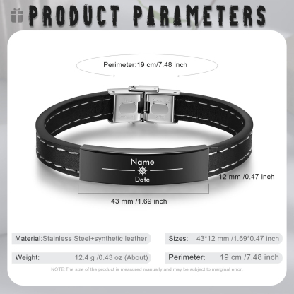 Bracelet Cuir 1 Prénom et Date Personnalisés pour Homme