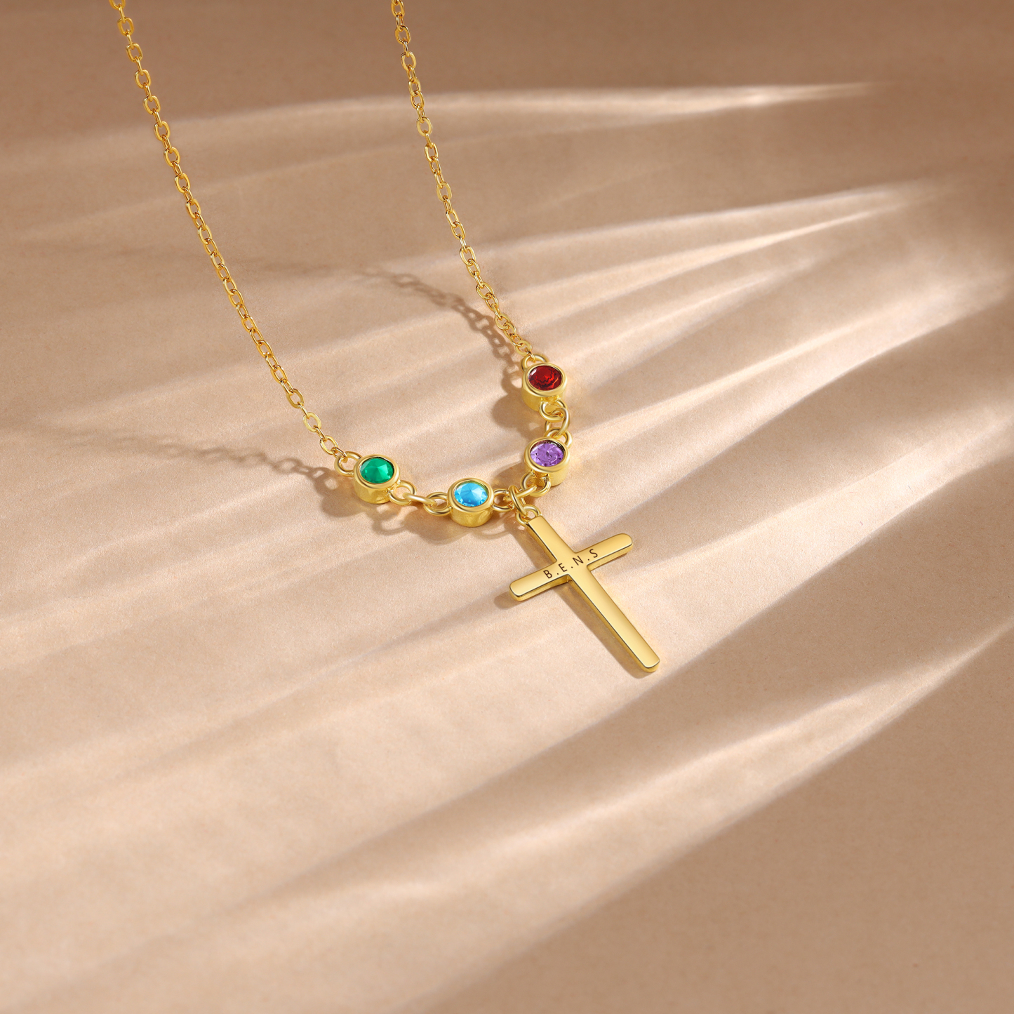 Collier Croix 4 Pierres de Naissance Personnalisés avec Texte Collier pour Femmes