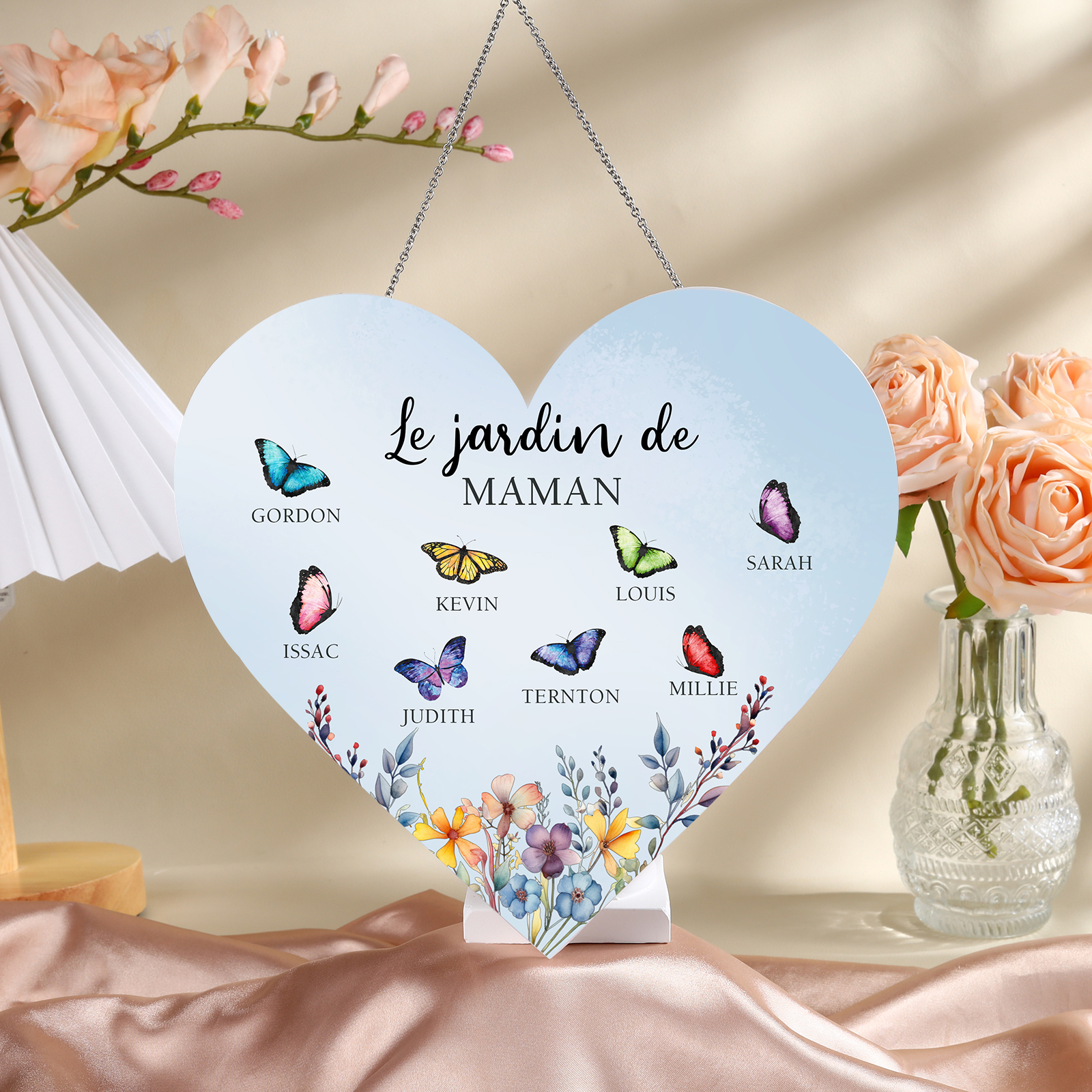 À Maman/Mamie - Veilleuse Cœur Décoration Fleur et Papillon 8 Prénoms Personnalisés avec 1 Texte
