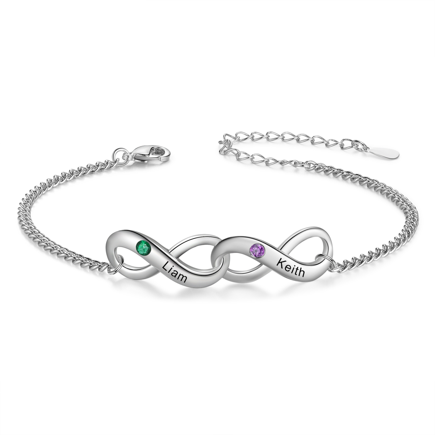 Bracelet Infini 2 Prénoms Personnalisés avec Pierres de Naissance pour Femme