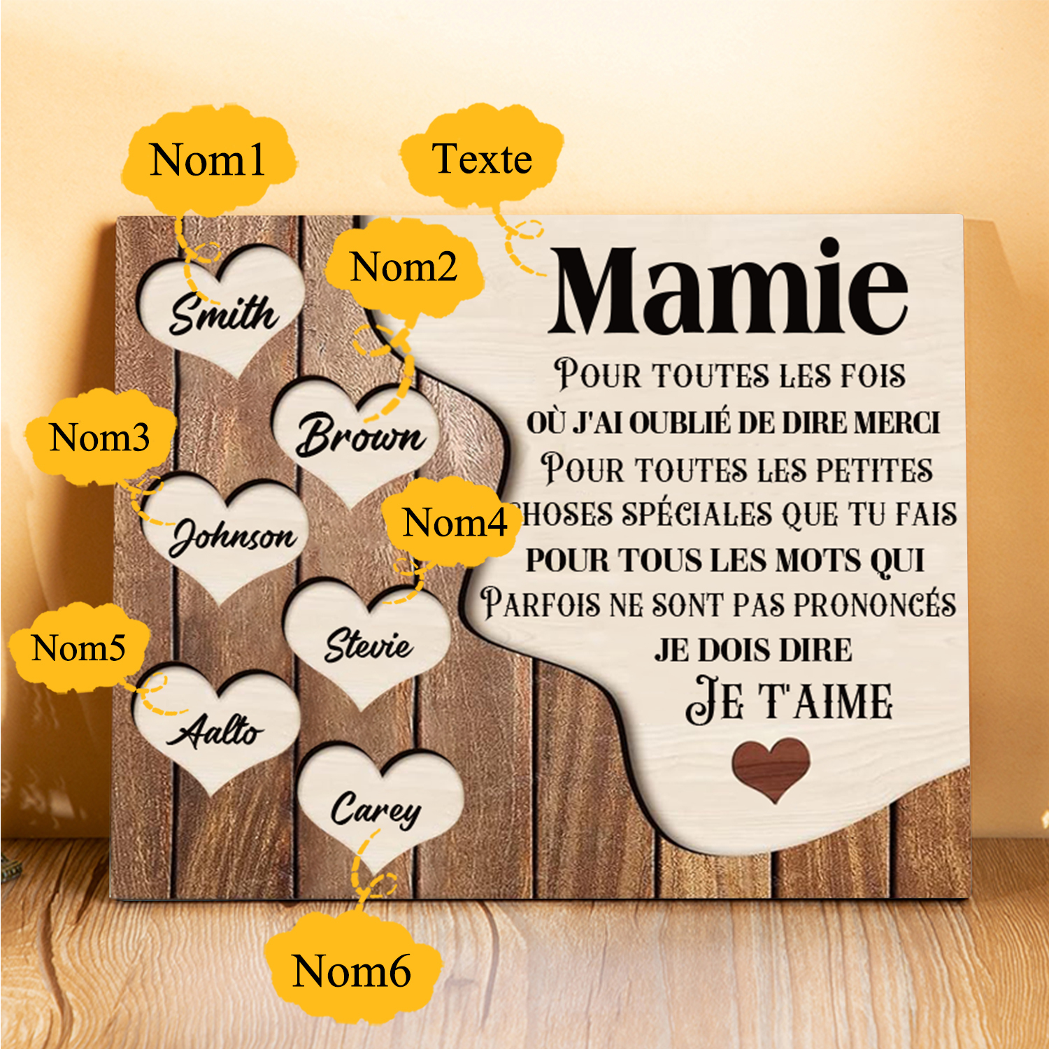 À ma Maman/Mamie - Cadre en Bois 6 Prénoms Personnalisés avec Texte Cadeau pour Famille