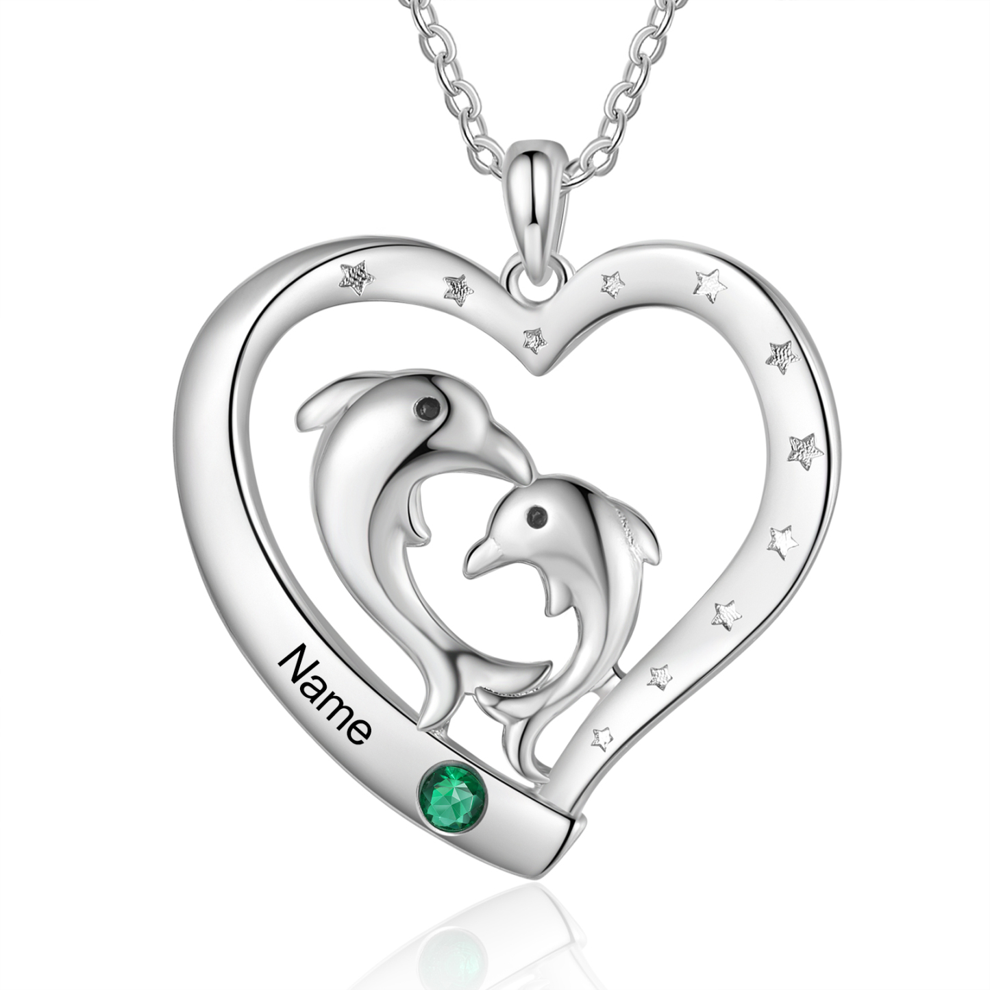 Collier Pendentif Cœur et Dauphin 1 Prénom Personnalisé avec 1 Pierre de Naissance
