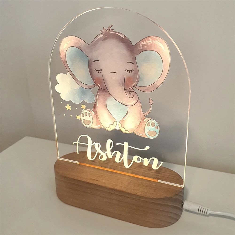 Lampe de chevet Éléphant LED Lumières monochrome Prénom personnalisée