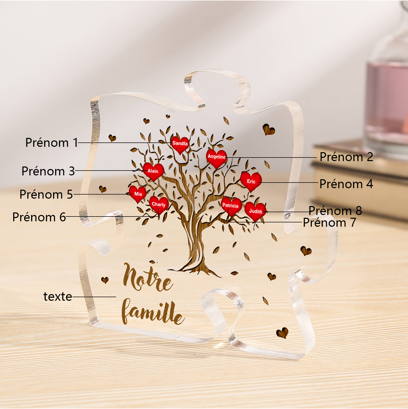 Plaque Acrylique en forme de Puzzle Arbre de Vie 8 Prénoms et Texte Personnalisés