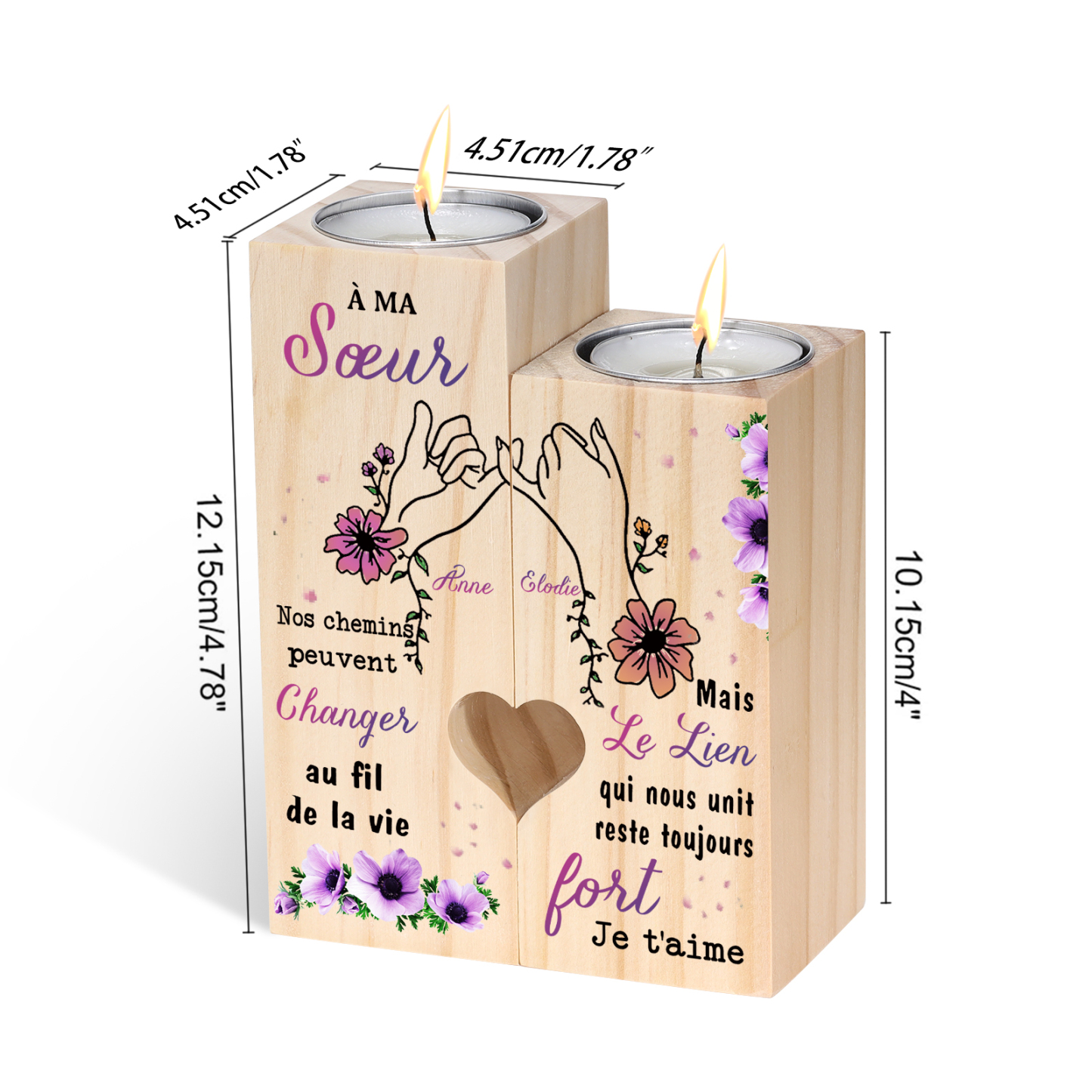 À Ma Sœur - Bougeoir en Bois 2 Prénoms Personnalisés sans bougie