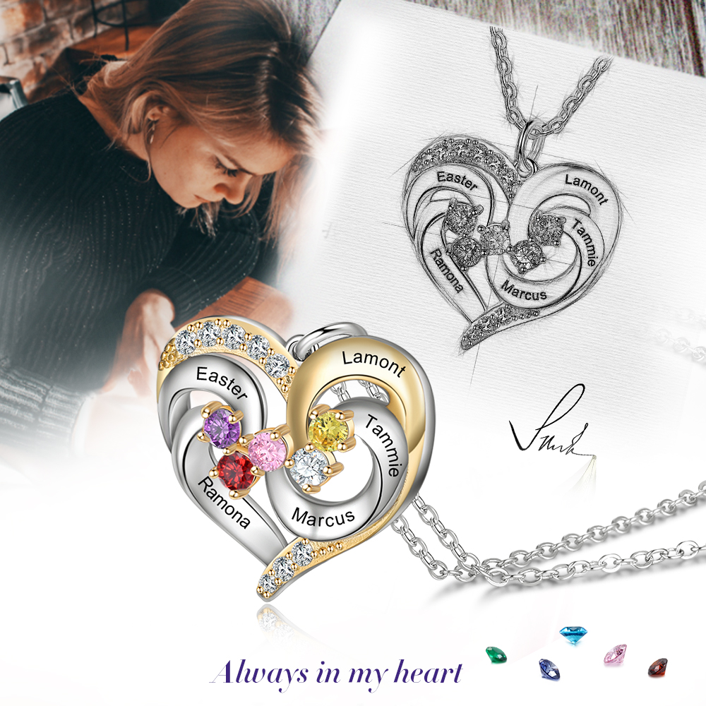 Collier Prénom cœur Argent 925 5 Prénom 5 pierre de naissance