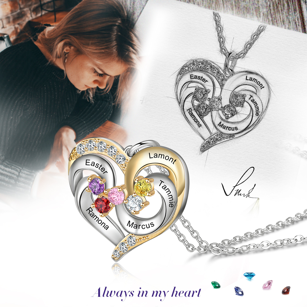 Collier Prénom cœur Argent 925 5 Prénom 5 pierre de naissance