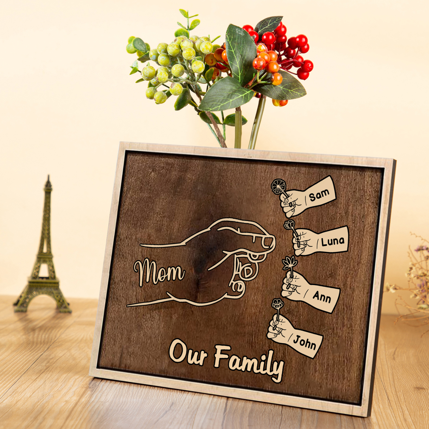 À Maman/Mamie - Cadre en Bois Main et Enfants 5 Prénoms Personnalisés avec Texte Cadeau pour Famille
