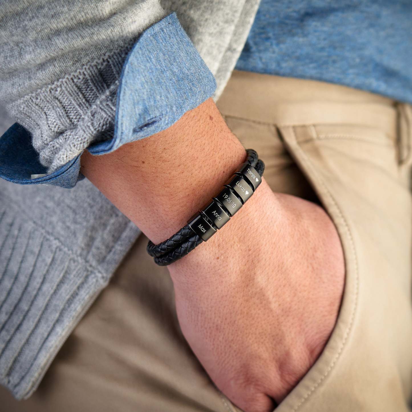 À mon Papa - Bracelet Personnalisé Homme Bracelet Cuir tressé 4 Perles et Prénoms Personnalisés|Jessemade