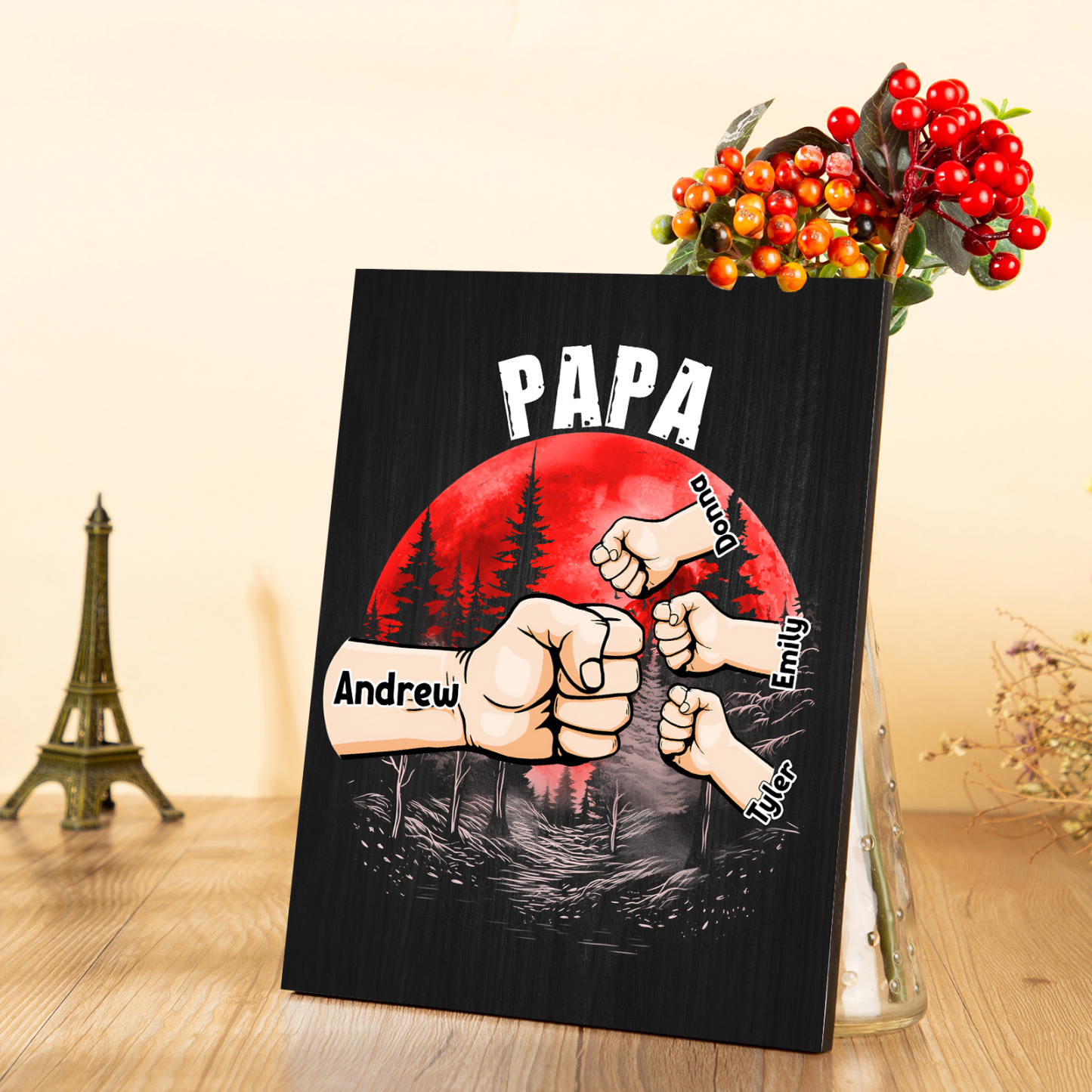 À Mon Papa/Papi-Cadre en Bois Poings 4 Prénoms Personnalisés avec Texte