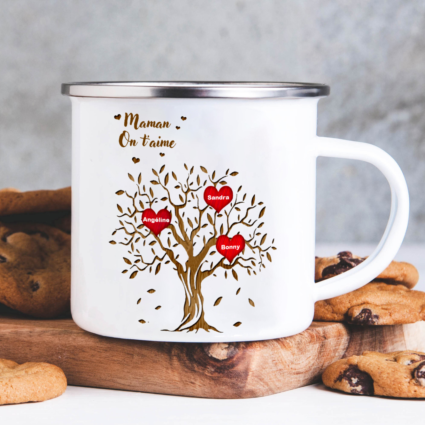 À Ma Maman/Mamie - Tasse émaillée d'Arbre de vie 3 Prénoms Personnalisés