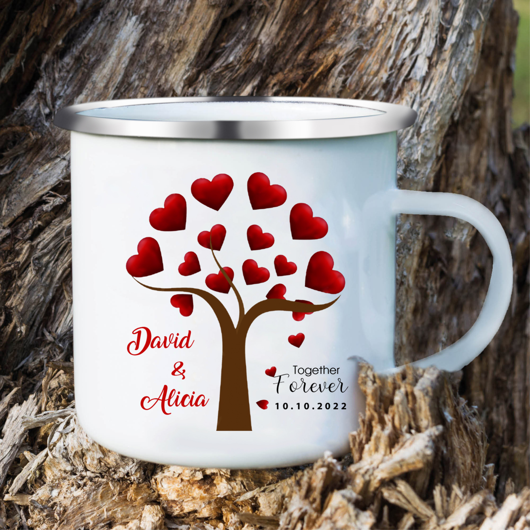 Tasse émaillée 2 Prénoms Personnalisés avec Texte et Date pour Couple