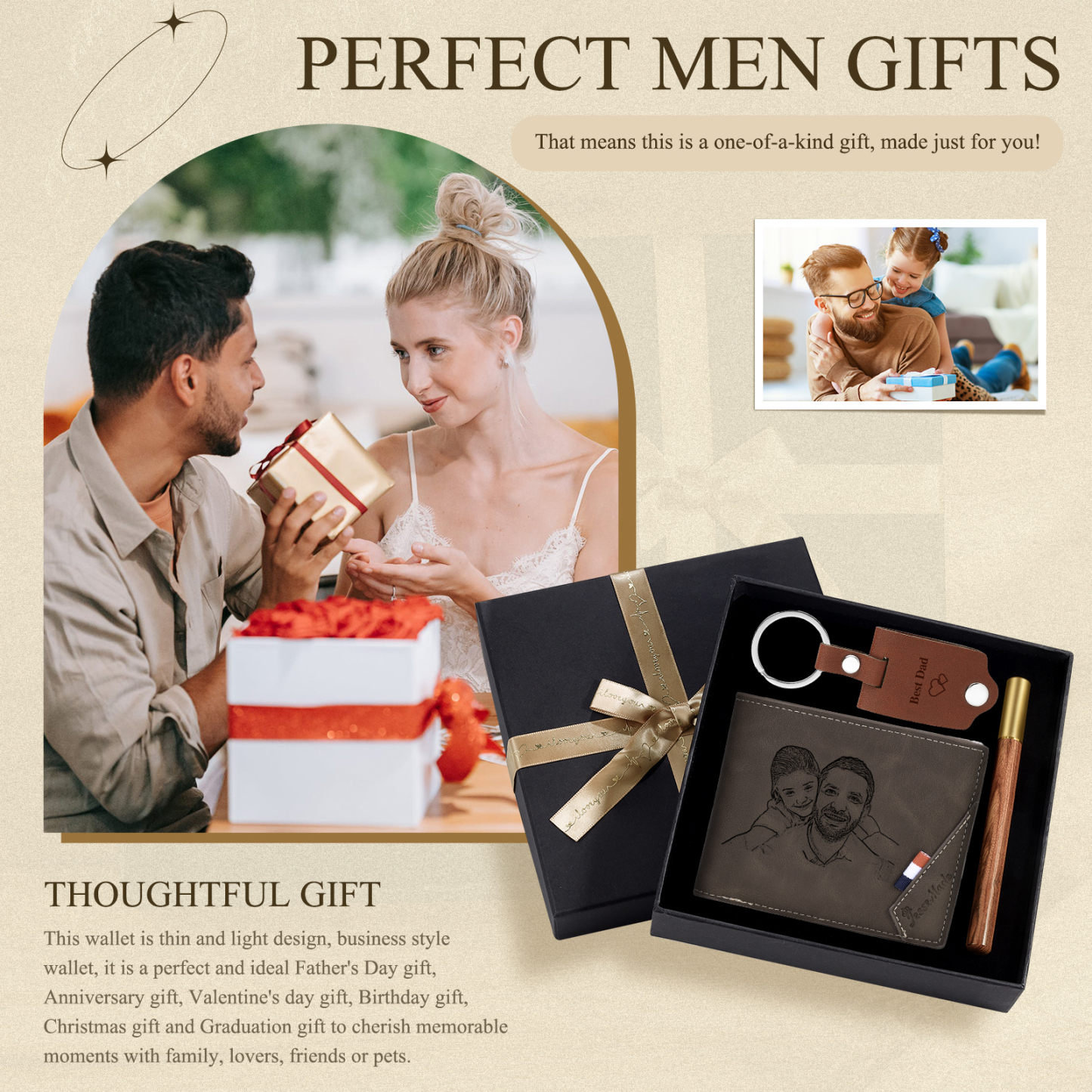 Coffret Cadeau 3PCS - Portefeuille classique Porte-Clés et Stylo 1 Prénom et Lettre Personnalisés avec 2 Photos et Textes pour Homme