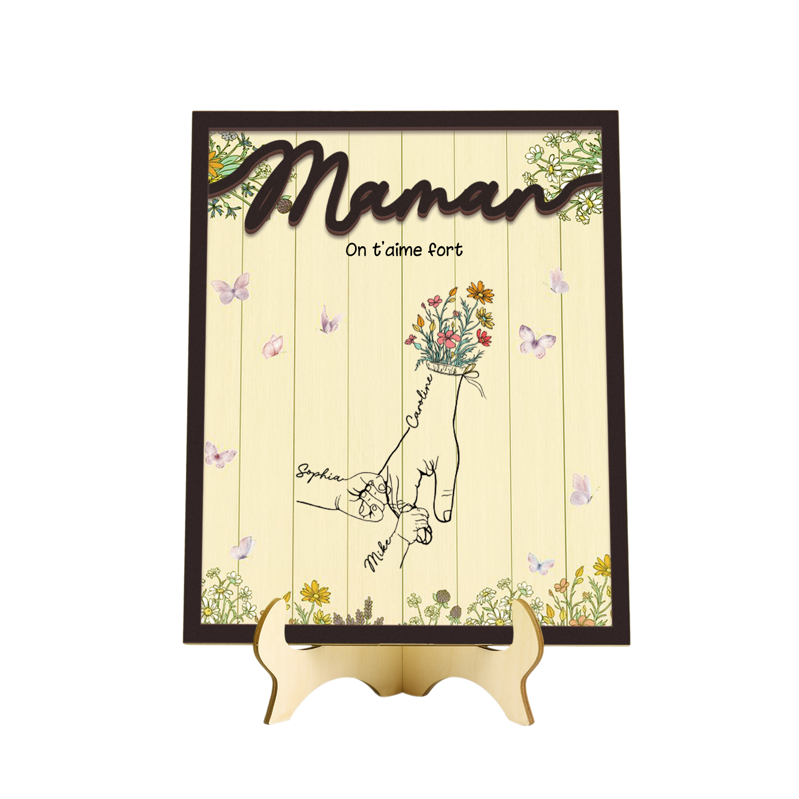 À Maman - Décoration en bois la Main dans la Main 3 Prénoms Personnalisés Ornement Famille