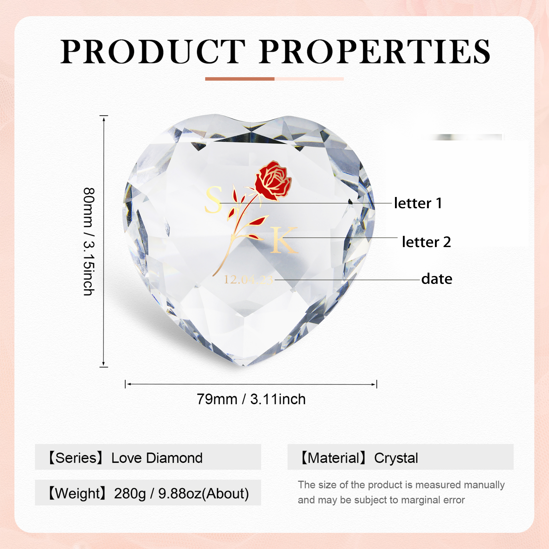 Décoration Cristal Cœur 2 Lettres Personnalisées avec Date pour Couple