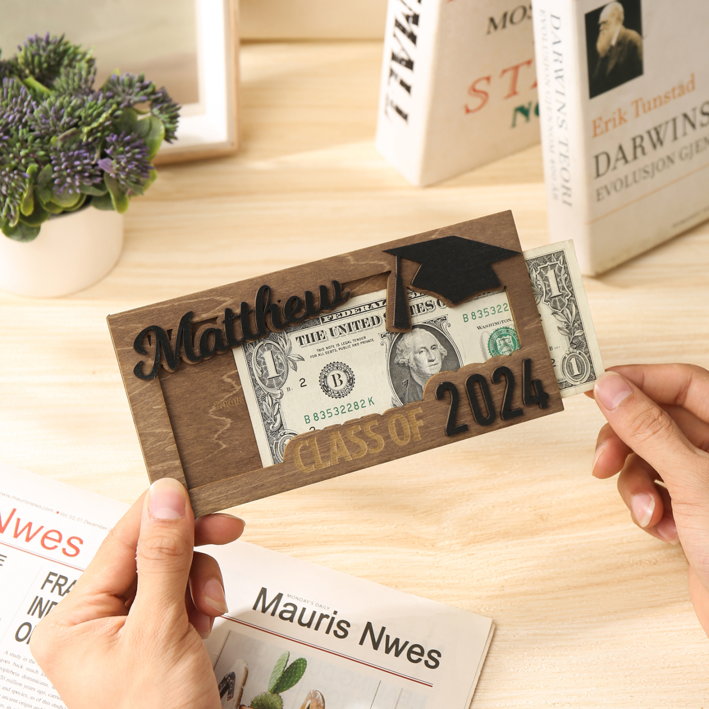 Porte-Cartes Diplômé en bois Prénom et Texte Personnalisés Cadeau de Graduation