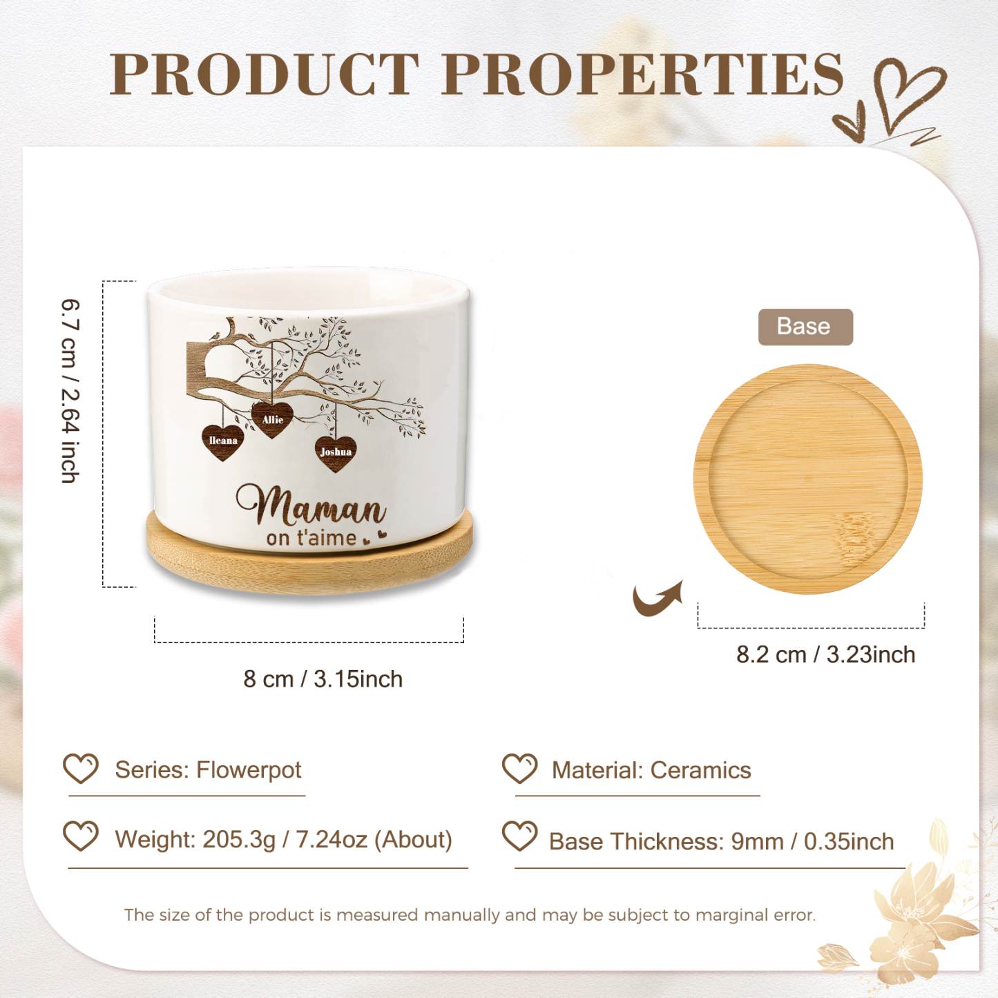 Vase/Pot de Fleurs Arbre de vie 3 Prénoms Personnalisés avec Texte Décoration de la Maison (sans plantes)