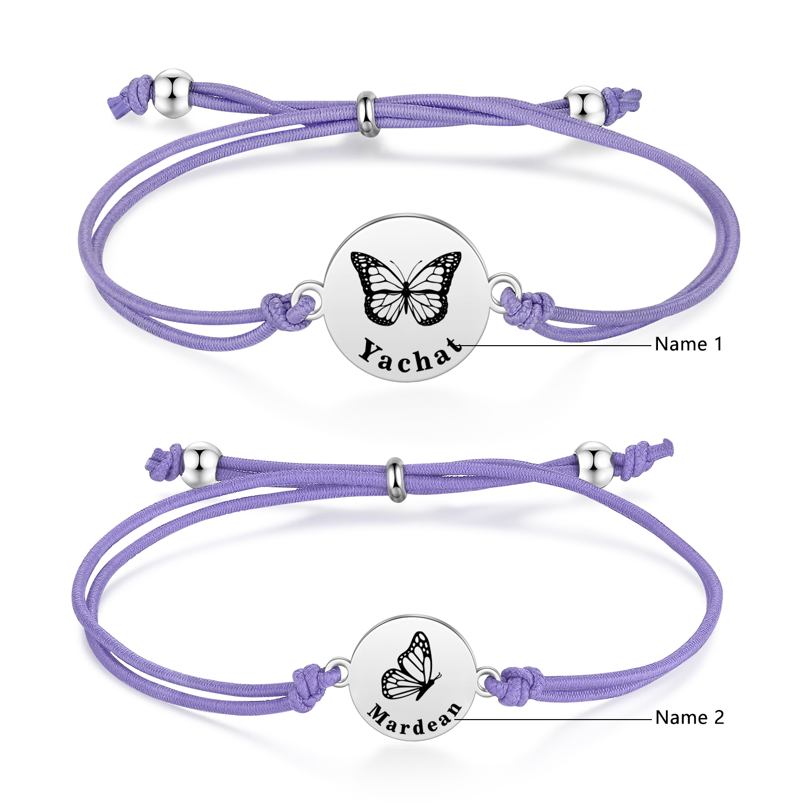 2PCS Ensemble de Bracelets Papillons 2 Prénoms Personnalisés Corde élastiques - Cadeau Rentrée Scolaire Premier jour d’école